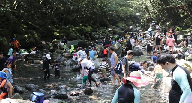 폭염에 피서객 가득한 제주 돈내코