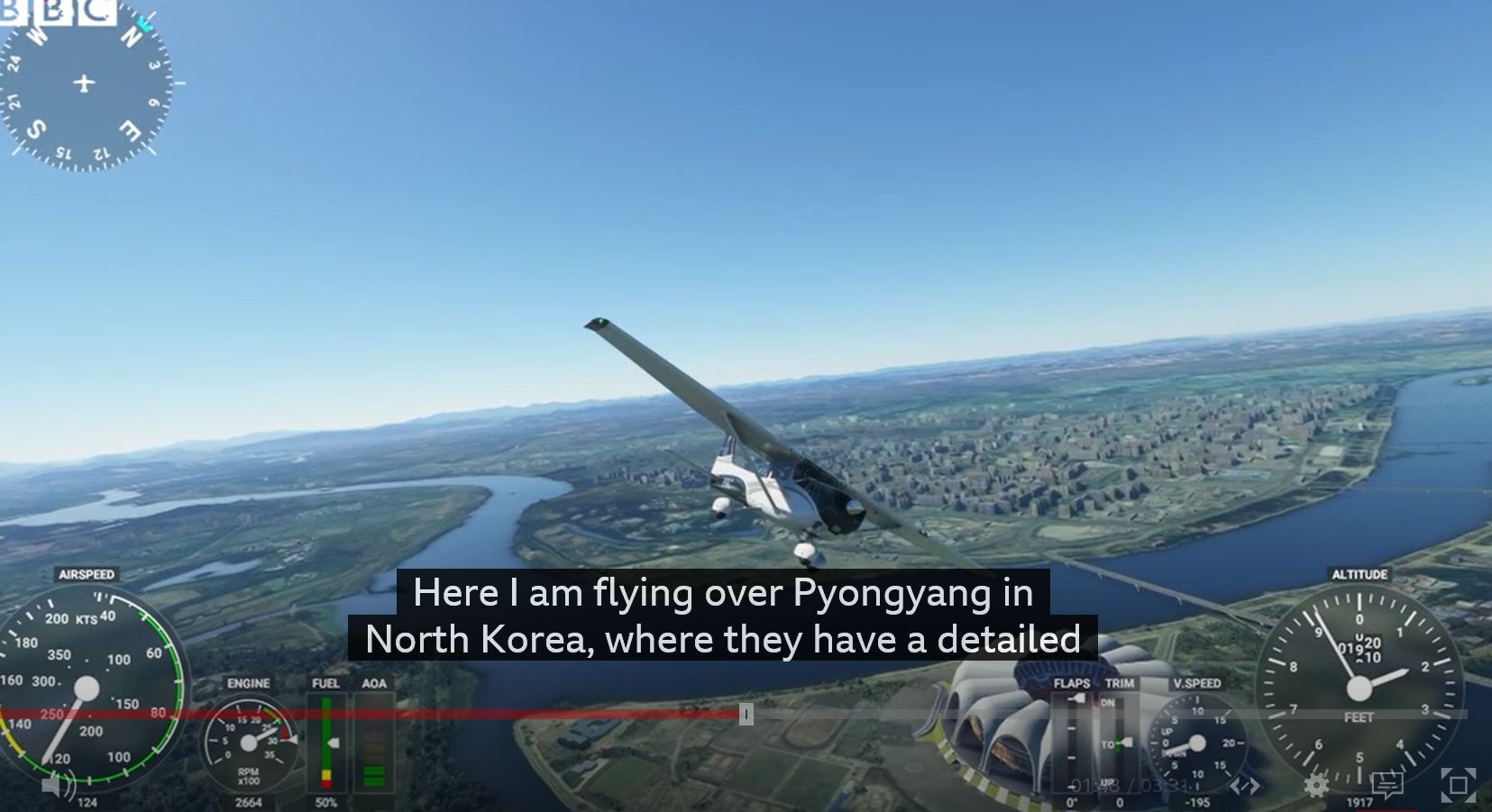 미국 마이크로소프트(MS)의 2020 비행 시뮬레이터 게임을 미리 해본 영국 BBC의 IT 전문기자 데이비드 몰로이가 북한 평양 상공을 비행하는 듯한 경험을 했던 소감을 털어놓았다. BBC 동영상 캡처