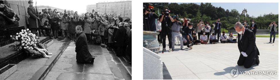 왼쪽은 서독의 빌리 브란트 총리가 유대인 학살에 대해 사죄하는 장면. 오른쪽은 19일 김종인 미래통합당 비대위원장이 광주 5·18 묘역에서 무릎꿇고 사죄하는 사진. 출처:정청래 페이스북