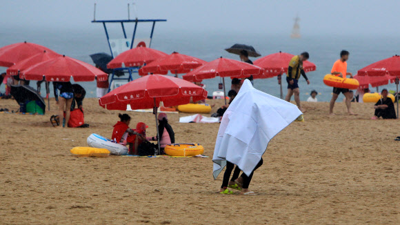 22일 오후 속초지역에 천둥을 동반한 강한 소나기가 쏟아지자 속초해수욕장을 찾았던 피서객들이 돗자리를 우산대용으로 쓰고 이동하고 있다.   2020.8.22  연합뉴스