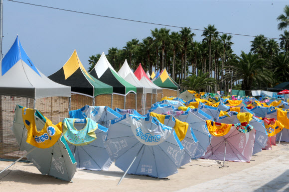 긴급 폐장 제주 해수욕장에 정리된 파라솔