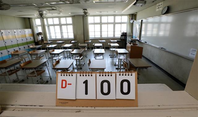 대학수학능력시험(수능)을 100일 앞둔 25일 서울의 한 고등학교 3학년 교실에 디데이 캘린더가 놓여 있다.정부는 이날 서울, 경기, 인천 등 수도권 지역 소재 유·초·중·고 및 특수학교를 9월 11일까지 원격수업으로 전면 전환한다고 밝혔다. 다만 진로·진학 준비를 위해 대면 등교수업이 필요한 고등학교 3학년은 원격수업 전환 대상에서 제외된다.  2020.8.25 뉴스1