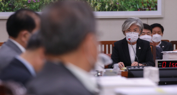 강경화 외교부 장관이 25일 오전 서울 여의도 국회에서 열린 외교통일위원회 전체회의에서 의원들의 질의에 답변하고 있다. 2020. 8. 25 김명국 선임기자 daunso@seoul.co.kr