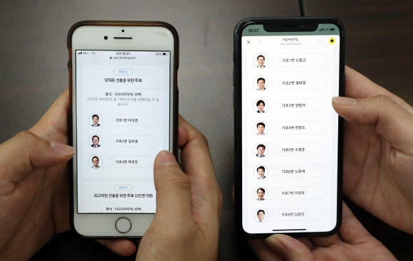더불어민주당 대의원이 26일 오전 서울 여의도 국회 민주당 사무실에서 당대표 및 최고위원 후보에 대한 모바일 투표를 하고 있다. 민주당은 29일 전당대회를 갖고 차기지도부를 선출한다. 2020.8.26  연합뉴스