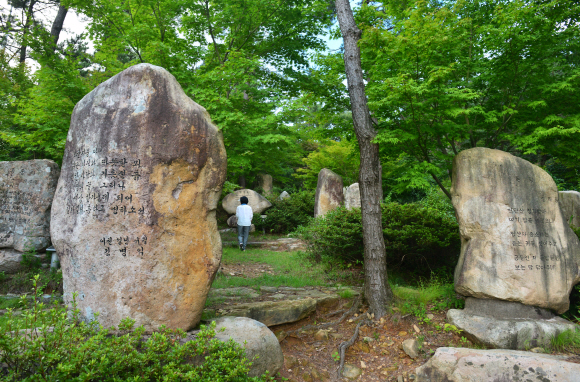 천관산 문학공원에는 지역 출신 문인과 한국 문단을 대표하는 문인들의 글을 새긴 문학비가 50여개 세워져 있다.