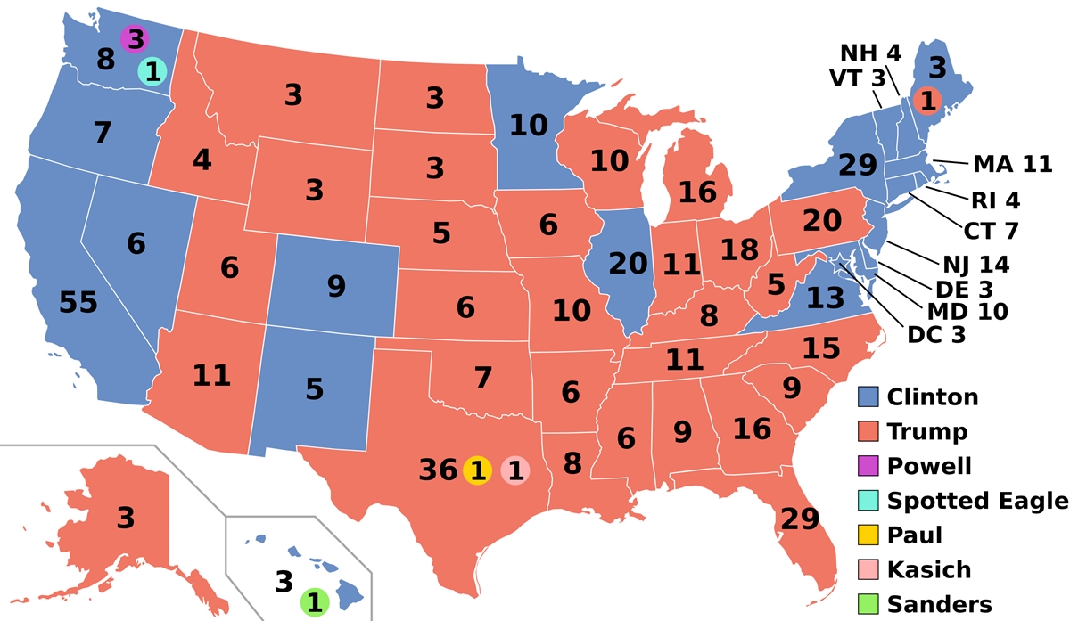 2016년 미국 대선 주별 선거인단 투표 결과.  위키피디아