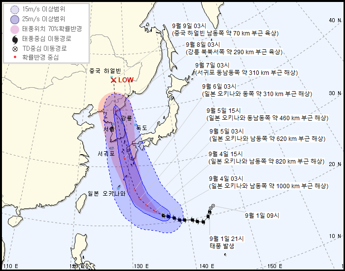 제10호 태풍 하이선 예상 이동 경로(4일 오전 4시 발표)  기상청