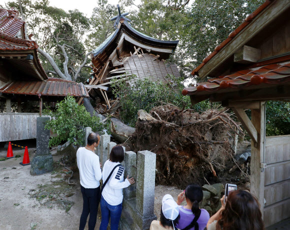 7일 오후 일본 후쿠오카(福岡)현 이토시마(絲島)시의 기지코토(雉琴)신사 본전이 쓰러진 모습을 주민들이 휴대폰으로 촬영하고 있다. 제10호 태풍 하이선의 강풍 탓에 신사 앞 느티나무가 쓰러지면서 신사를 덮쳤다. 2020.9.8 교도=연합뉴스