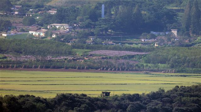8일 경기도 파주시 접경지역에서 바라본 태풍이 지나간 북한 개풍군 마을이 고요하다. 8일 미국의소리(VOA) 방송에 따르면 오픈도어스 미국지부는 최근 자체 웹사이트에 북한 주민들의 식량난 실태를 전하며 “코로나로 인한 국경 봉쇄, 식량 부족, 감당할 수 없는 식량 가격으로 주민들이 고통받고 있고, 여기에 홍수와 산사태, 폭염까지 더해 북한 주민들이 매우 힘든 한 해를 보내고 있다”고 설명했다. 한편 9일은 북한의 정권 수립일인 ‘9·9절’이다. 2020.9.8 뉴스1