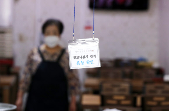 시장에 내걸린 코로나19 ‘음성’ 표찰