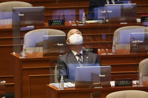 홍남기 경제부총리 겸 기획재정부 장관이 16일 오후 국회 본회의장에서 열린 경제 분야 대정부질문에서 생각에 잠겨 있다.2020. 9. 16 김명국 선임기자 daunso@seoul.co.kr