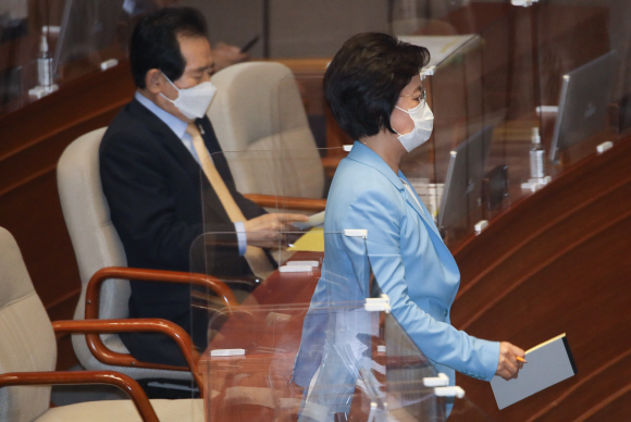 추미애 법무부 장관(오른쪽)이 17일 오후 서울 여의도 국회 본회의에서 열린 교육?사회?문화 분야 대정부질문에서 단상으로 향하고 있다.2020. 9. 17 김명국 선임기자 daunso@seoul.co.kr