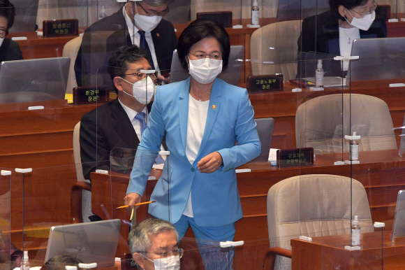 17일 국회에서 열린 교육·사회·문화 분야 대정부질문에 참석한 추미애 법무부 장관이 발언대로 걸어 나가고 있다. 김명국 선임기자 daunso@seoul.co.kr