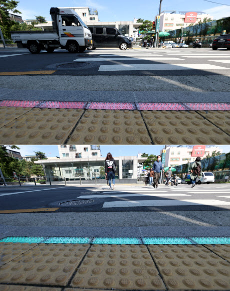 21일 오전 서울 중구 청구역 앞 스쿨존 횡단보도에 LED 바닥 신호등이 설치됐다. 사진은 LED 바닥 신호등에 빨간불(위 사진)과 초록불(아래 사진)이 들어온 모습.  2020.9.21  연합뉴스