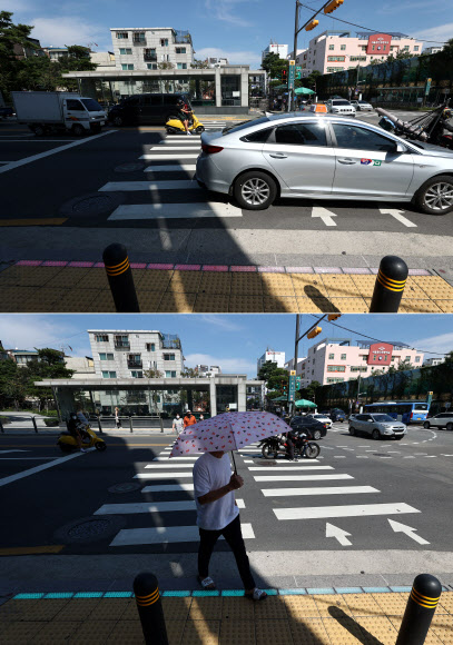 21일 오전 서울 중구 청구역 앞 스쿨존 횡단보도에 LED 바닥 신호등이 설치됐다. 사진은 LED 바닥 신호등에 빨간불(위 사진)과 초록불(아래 사진)이 들어온 모습.  2020.9.21  연합뉴스