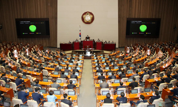 22일 밤 열린 국회 본회의에서 코로나19 극복을 위한 2020년도 4차 추가경정예산안이 통과되고 있다. 연합뉴스