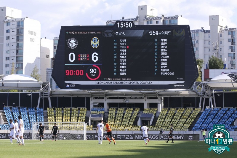 프로축구 인천 유나이티드가 지난달 26일 열린 K리그1 파이널B 원정경기에서 성남FC를 상대로 창단 이후 한 경기 최다인 여섯골을 퍼붓고 있다. 이날 대승으로 인천은 약 넉 달 만에 탈꼴찌에 성공했다. 한국프로축구연맹 제공