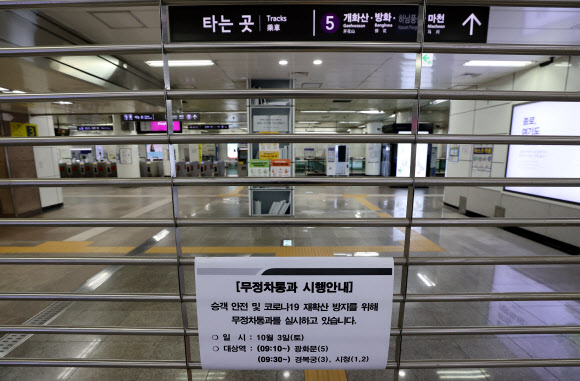 도심 집회 차단, 광화문역 무정차 운행