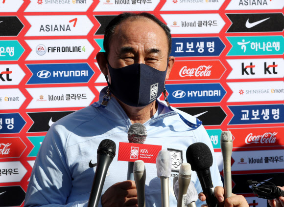 올림픽대표팀을 이끄는 김학범 감독이 5일 경기 파주 축구국가대표트레이닝센터(NFC)에서 훈련에 앞서 취재진과 인터뷰를 하고 있다. 국가대표팀과 올림픽대표팀은 오는 9일과 12일 두 차례 경기를 치른다. 2020.10.5  연합뉴스