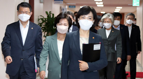 은성수 금융위원장(외쪽부터)과 추미애 법무부 장관, 전현희 국민권익위원장, 강경화 외교부 장관 등 국무위원들이 6일 정부서울청사에서 열린 영상국무회의에 참석하고 있다. 2020.10.6  연합뉴스