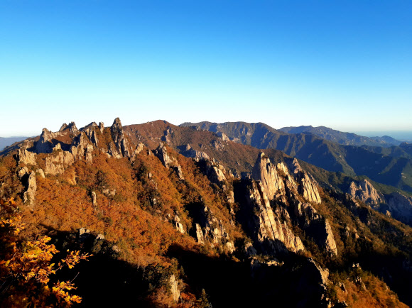 지난달 하순 대청봉을 중심으로 시작된 설악산 단풍이 절정기를 향해 가고 있는 가운데 설악산 능선이 단풍으로 물들고 있다. 사진은 추석 연휴가 끝난 지난 5일 촬영한 설악산 단풍 모습이다. 2020.10.8  연합뉴스