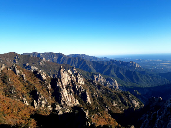 지난달 하순 대청봉을 중심으로 시작된 설악산 단풍이 절정기를 향해 가고 있는 가운데 설악산 능선이 단풍으로 물들고 있다. 사진은 추석 연휴가 끝난 지난 5일 촬영한 설악산 단풍 모습이다. 2020.10.8  연합뉴스