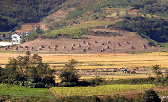 북한 당 창건 75주년 기념일을 이틀 앞둔 8일 오후 파주 오두산통일전망대에서 바라본 북한 황해북도 개풍군 일대의 모습. 2020.10.8  연합뉴스