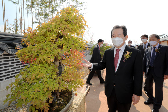 정세균 국무총리가 17일 오전 세종시 연기면에 있는 국립세종수목원 개원 행사에서 분재원 등을 둘러보고 있다. 2020.10.17  연합뉴스
