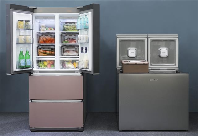 18일 업계에 따르면 최근 김치냉장고의 개별 식품 보관 기능이 확대되면서 비용 문제, 협소한 공간 등을 고려해 냉장고를 김치냉장고 한 대만 들이는 소비자들도 생기는 추세다. 사진은 위니아딤채의 2021년형 김치냉장고 ‘딤채’ 신제품. 삼성전자·LG전자·위니아딤채 제공