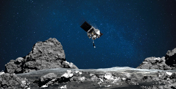 21일 오전(한국시간) 미국 항공우주국(NASA) 소행성 탐사선 오시리스 렉스가 소행성 베누의 표면에 로봇팔을 뻗쳐 토양 샘플을 채취하는 과정을 상상한 그림. NASA 제공 EPA 연합뉴스