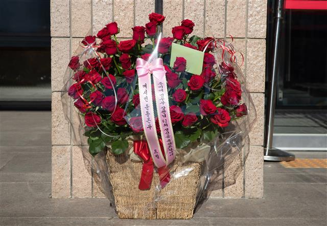 23일 오전 정부과천청사 법무부 입구에 추미애 법무부 장관 생일 축하 꽃바구니가 놓여 있다. 2020.10.23 뉴스1