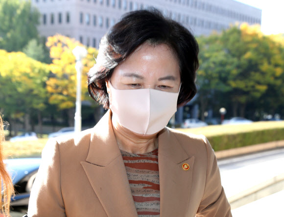 추미애 법무부 장관이 23일 오전 경기도 정부과천청사 법무부로 출근하고 있다. 2020.10.23  연합뉴스