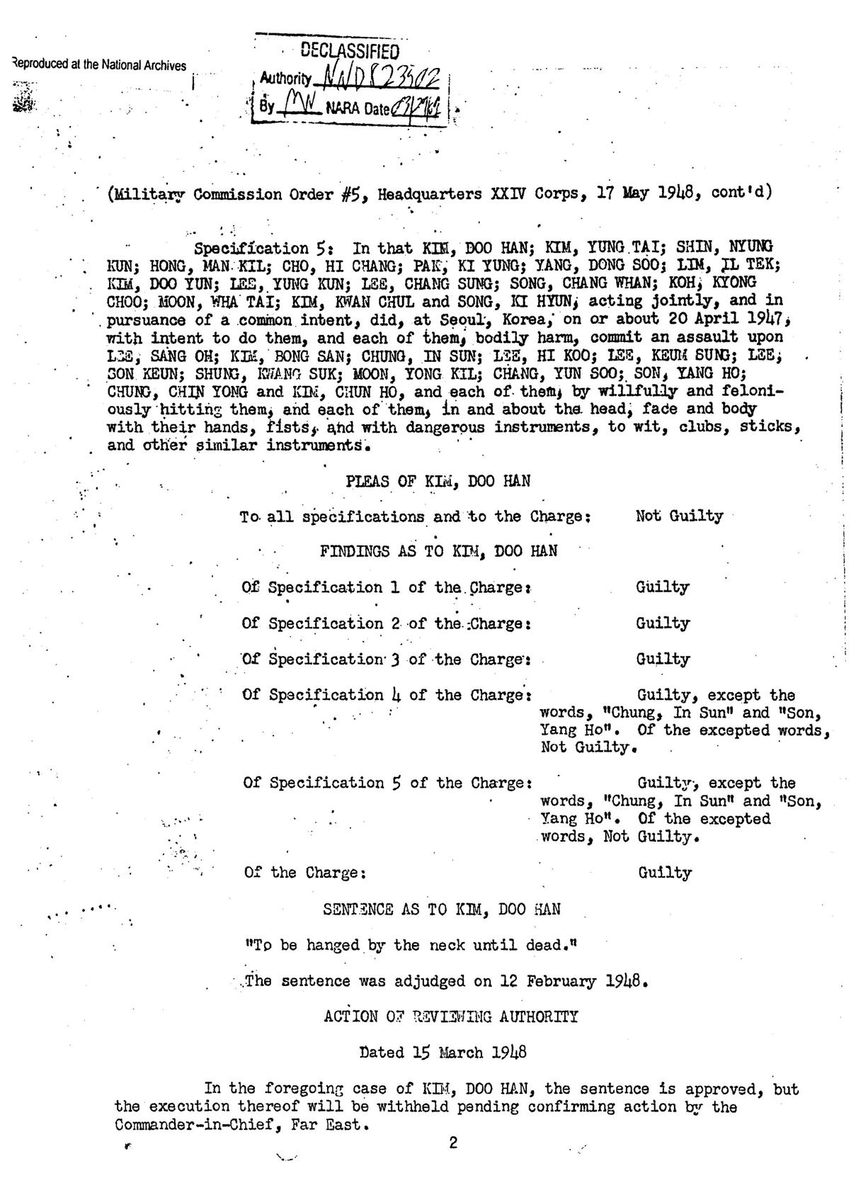 1948년 5월 17일자로 작성된 ‘미군정재판 군사위원회 명령 5번’
