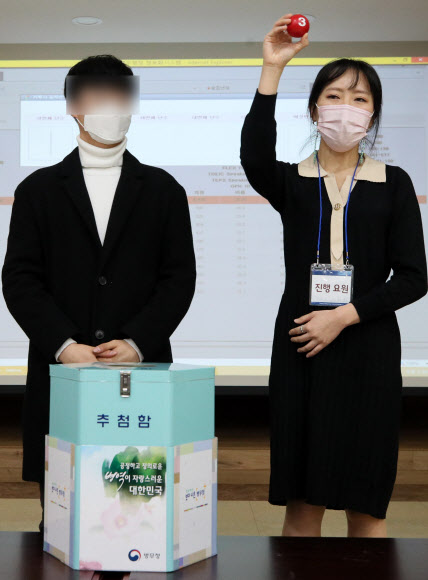 5일 서울 영등포구 서울지방병무청에서 열린 ‘2021년 입영대상 카투사(주한미군에 배속된 한국군) 공개선발’ 행사에서 한 참관인이 난수를 추첨하고 있다. 2020.11.5  연합뉴스