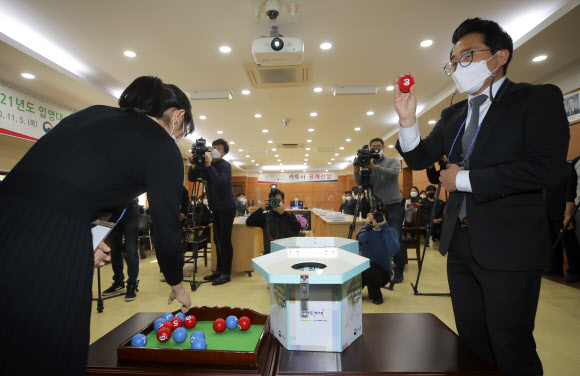 5일 서울 영등포구 서울지방병무청에서 열린 ‘2021년 입영대상 카투사(주한미군에 배속된 한국군) 공개선발’ 행사에서 진행요원들이 난수 추첨용 공을 검증하고 있다. 2020.11.5  연합뉴스