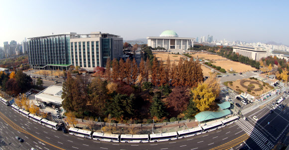 전국노동자대회와 전국민중대회 등 서울 곳곳에서 집회가 열린 14일 오후 국회 앞에 만일의 사태에 대비한 차벽이 둘러쳐져 있다. 2020.11.14  연합뉴스