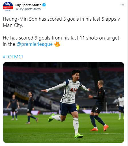 코로나 제친 손흥민, 9호골로 EPL 득점 단독선두…토트넘 1위로