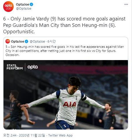 손흥민, 맨시티 상대 통산 6골