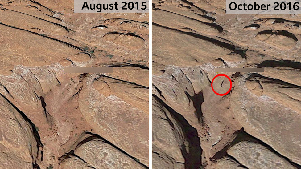 서버의 여행을 인도한 팀 슬레인이 비교한 2015년 8월과 이듬해 10월의 위성 사진. 눈에 띄지 않던 높고 비좁은 기둥이 보인다. 구글 어스 캡처