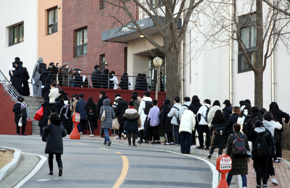 발열 체크 대기하며 논술 고사장 향하는 수험생들