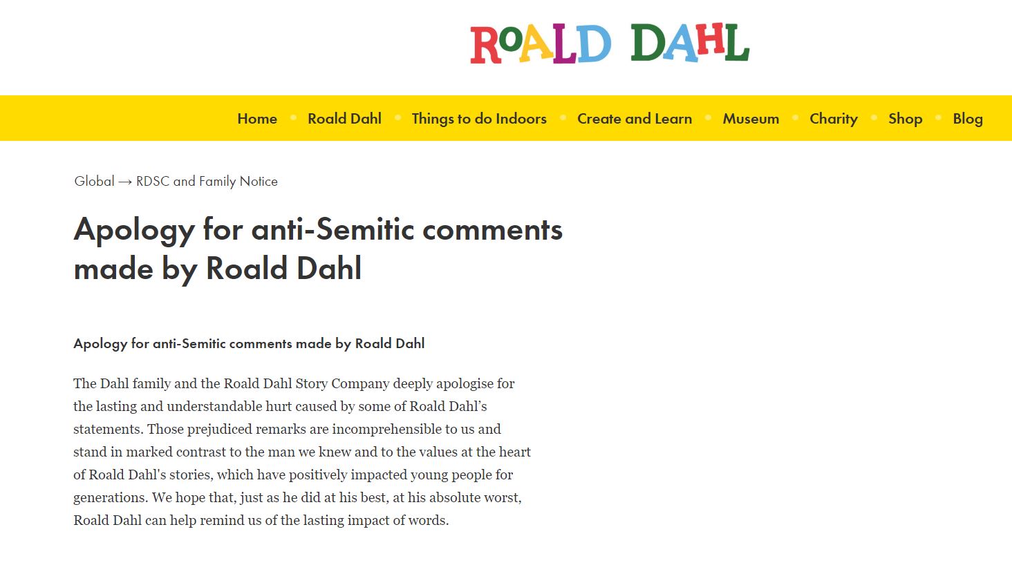 세계적으로 유명한 작가 로알드 달의 과거 반유대주의 발언에 대해 가족이 30년 만에 사과했다. 로알드 달 스토리 컴퍼니 홈페이지 캡쳐