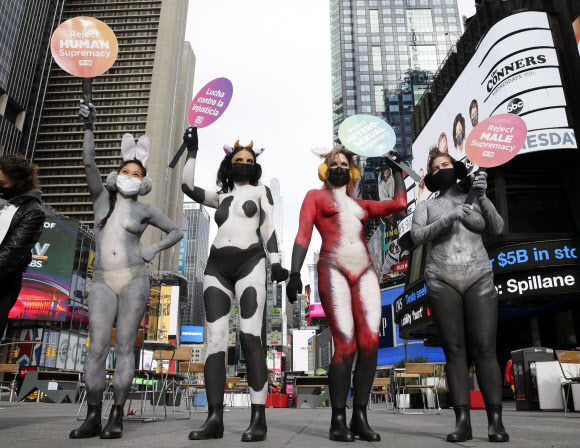 동물로 바디페인팅을 한 PETA 시위자들이 8일(현지시간) 미국 뉴욕 타임스퀘어에서 팻말을 들고 모여있다. UPI 연합뉴스