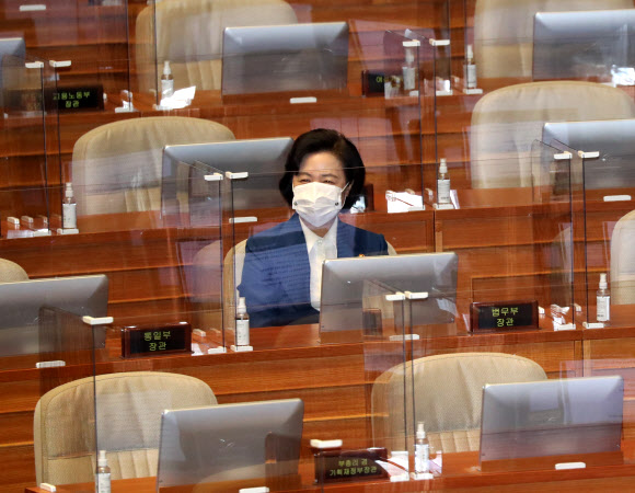 공수처법 개정안 가결된 후 미소 짓는 추미애