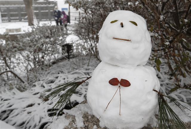 중부지방 곳곳에 눈이 내리는 가운데 13일 오전 서울 남산에 시민들이 만들어 놓은 눈사람이 놓여있다. 눈이 온 뒤 강추위가 닥쳐 서울의 14일 아침 최저기온은 영하 10도, 체감온도는 영하 15도로 예보됐다. 2020.12.13/뉴스1