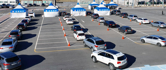 한파가 기승을 부린 15일 코로나19 검사를 받으려는 강릉 시민들이 강릉 아레나 경기장 야외 선별 진료소로 몰려들고 있다. 2020.12.15  연합뉴스