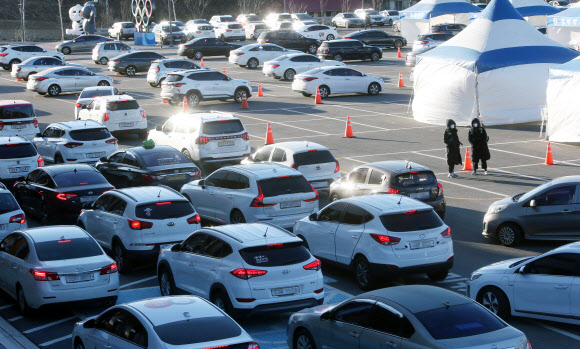 15일 오후 강원 강릉시 강릉 아레아 경기장 야외 선별 진료소가 한파에도 검사를 받기 위해 찾은 시민의 차량으로 북새통을 이루고 있다. 2020.12.15  연합뉴스
