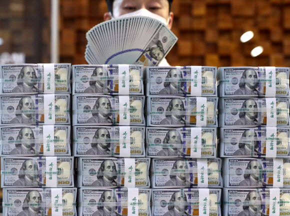 서울 중구 하나은행 본점에서 한 직원이 미국 100달러 지폐의 위·변조 여부를 확인하는 모습. 연합뉴스