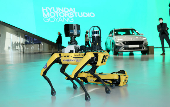 16일 경기도 고양시 일산 현대모터스튜디오에서 현대차그룹 4족 보행 로봇 개 ‘스폿’이 앉거나 서서 재롱을 부리고 있다.   연합뉴스