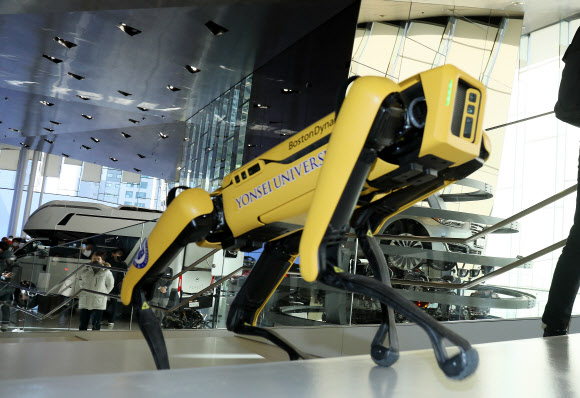 16일 경기도 고양시 일산 현대모터스튜디오에서 현대차그룹 4족 보행 로봇 개 ‘스폿’이 전시장 계단을 오르고 있다.  2020.12.18  연합뉴스