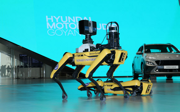 16일 경기도 고양시 일산 현대모터스튜디오에서 현대차그룹 4족 보행 로봇 개 ‘스폿’이 앉거나 서서 재롱을 부리고 있다.2020.12.18  연합뉴스